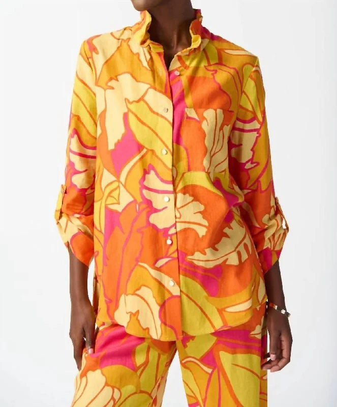 Linen Blend Floral Print Trapeze Blouse In Orange/pink/multi Effortless Sophistication