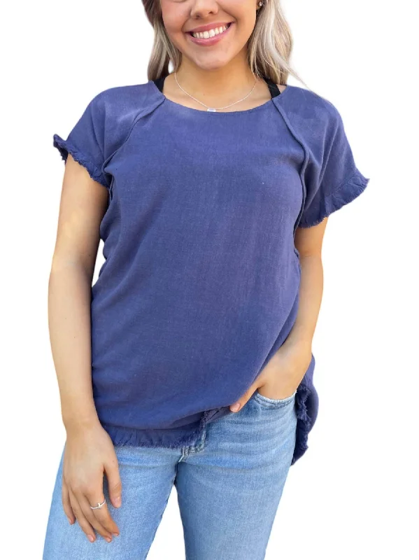 Linen Blend Short Sleeve Ruffle Top In Denim Final Sale