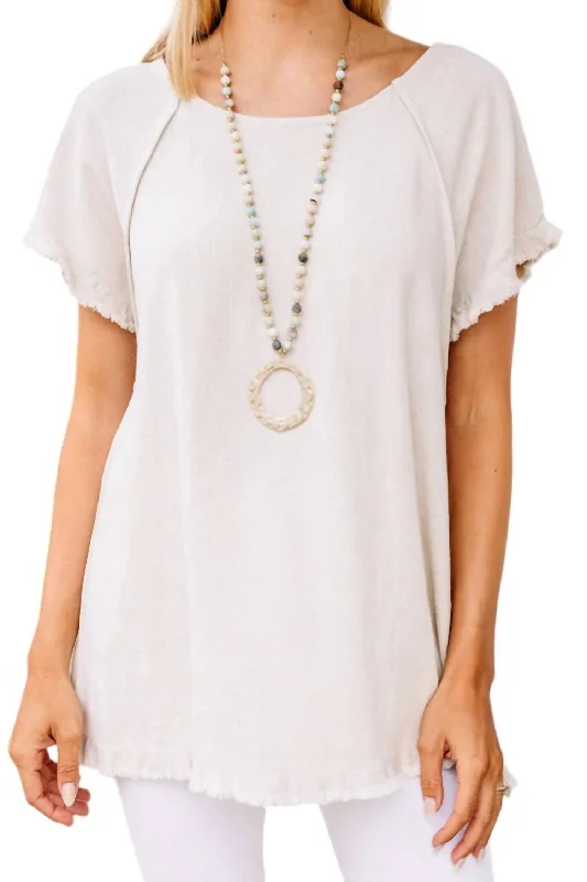 Linen Blend Short Sleeve Ruffle Top In Off White Athleisure Wear Special Offer