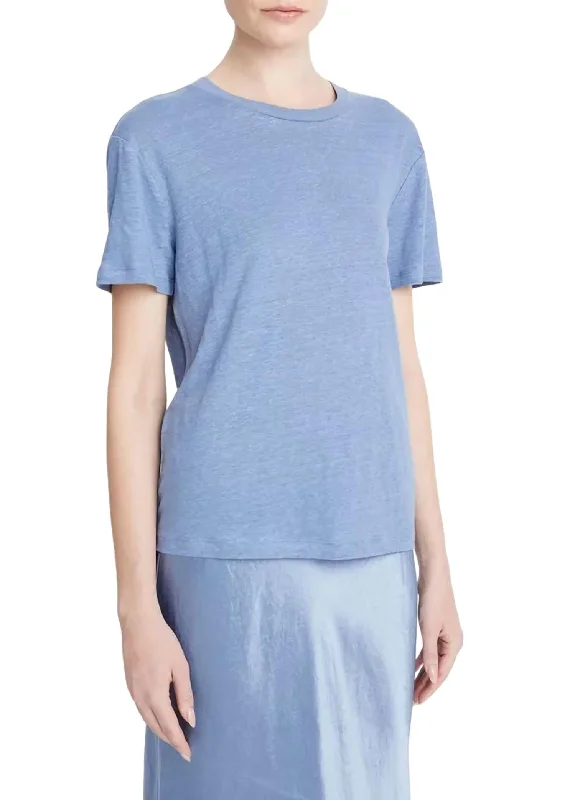 Linen Drop Shoulder Tee Top In Azure Gem Sophisticated Cut