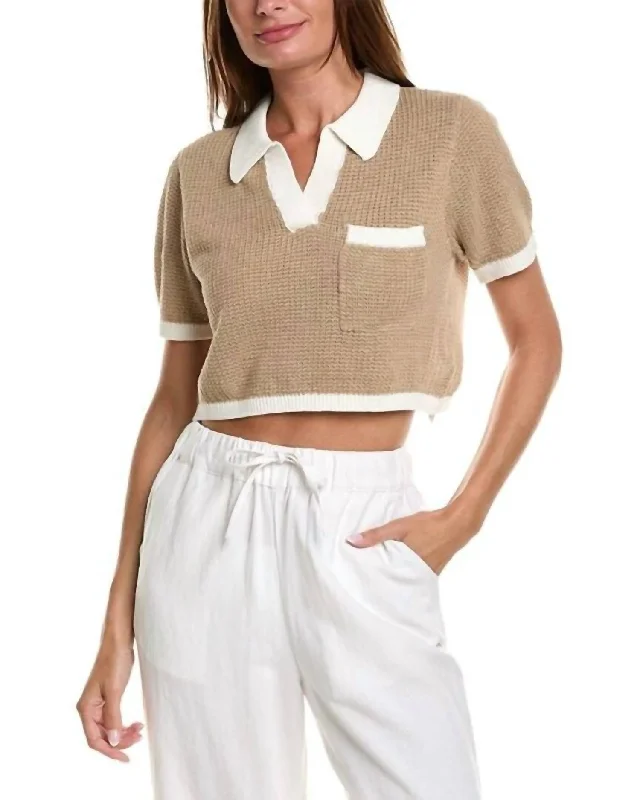 Linen Knit Cropped Polo In Jute/white Limited Time Offer