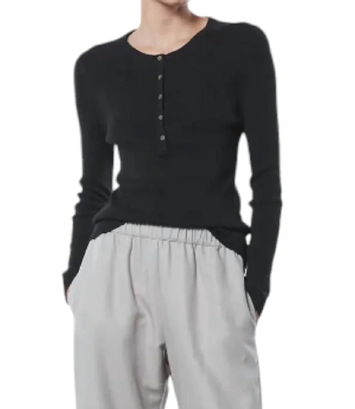 Linen Knit Henley Top In Black Everyday Glamour