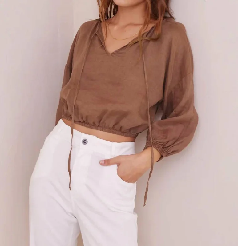 Linen Tie Front Peasant Top In Terracotta Brown Elevated Style