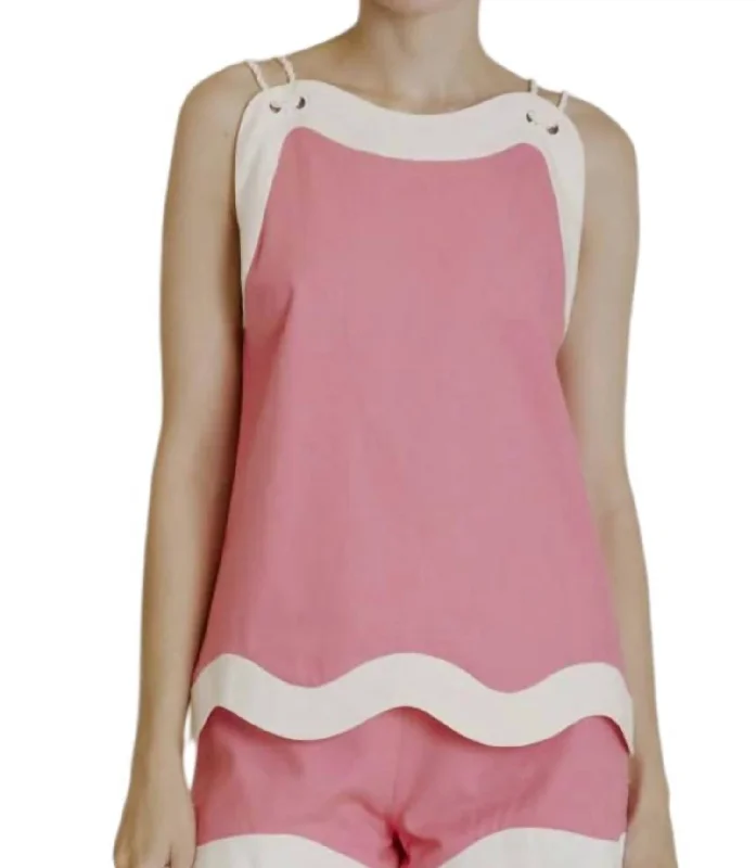 Linen Wave Hem Top In Pink/white High End Designer Brands Discount