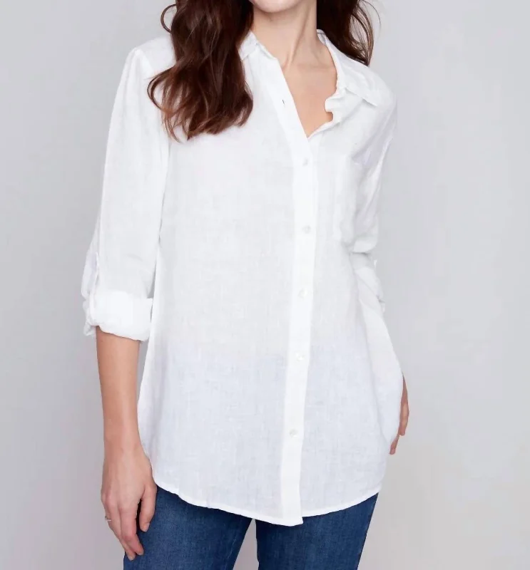 Long Linen Button Down Shirt In White Elegant Contour