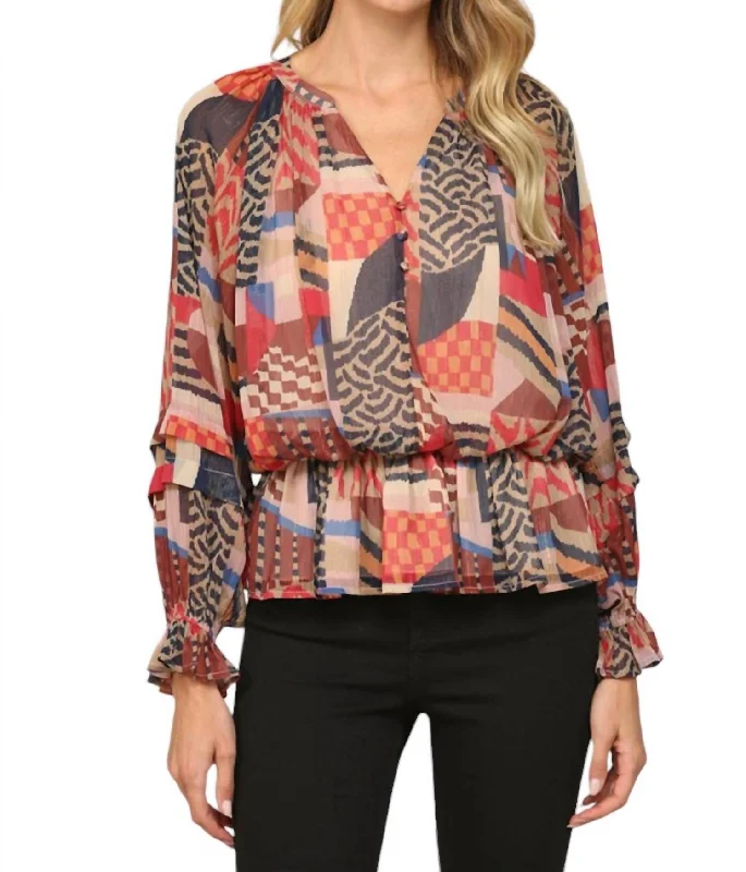 Long Sleeve Abstract Print Top In Navy/red/brown Stupidly Low Prices