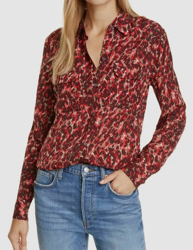 Long Sleeve Button Down Blouse In Merlot Casual Chic