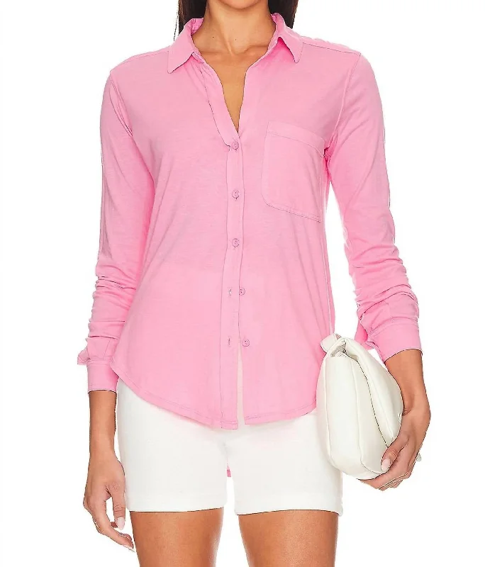 Long Sleeve Button Front Top In Bright Pink Big Discounts