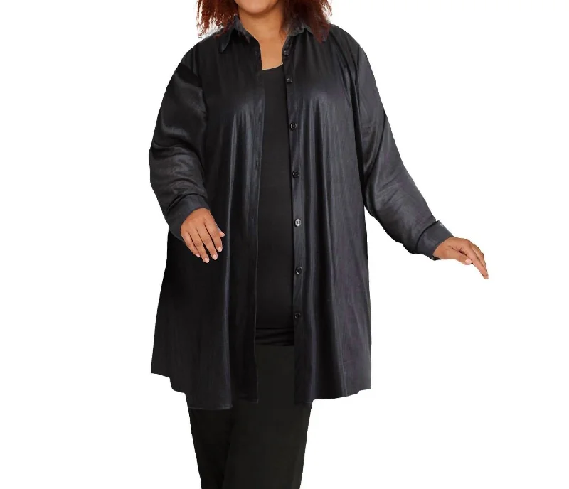 Long Sleeve Button Up Rodie Oversize Tunic - Plus Size In Metallic Black Feminine Elegant