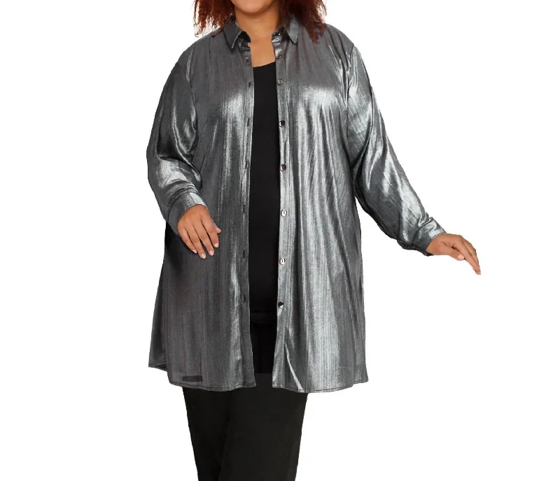 Long Sleeve Button Up Rodie Oversize Tunic - Plus Size In Metallic Silver Casual Chic Clothing