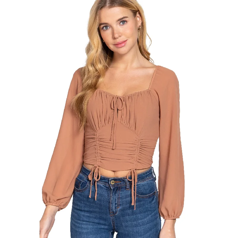 Long Sleeve Front Tied Ruched Detail Woven Top Crazy Discounts, Hurry Up