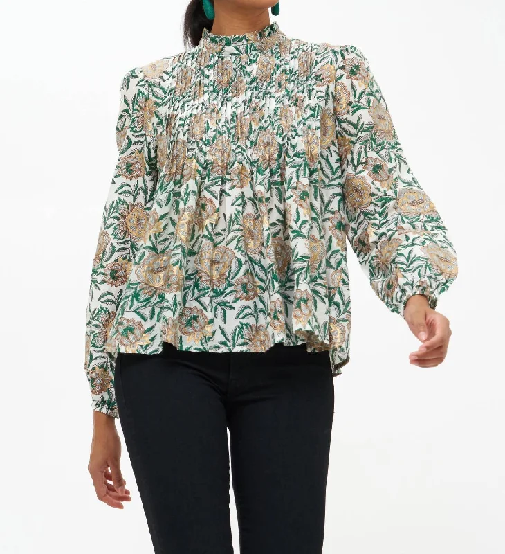 Long Sleeve Pintuck Blouse In Green Hedera Fashion Deal