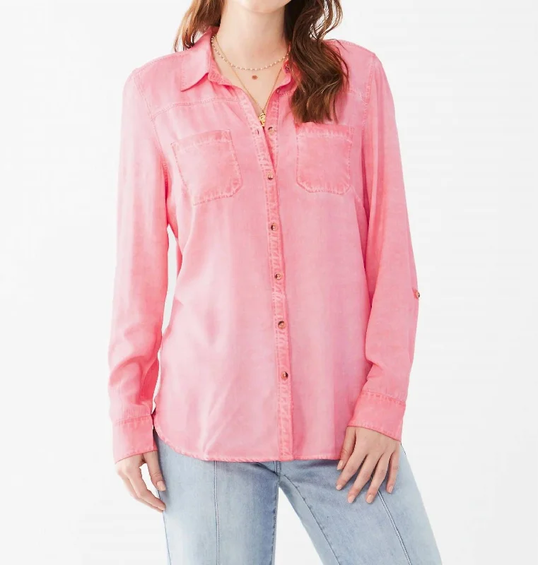 Long Sleeve Roll Tab Shirt In Flamingo Pink Runway Inspired Wear