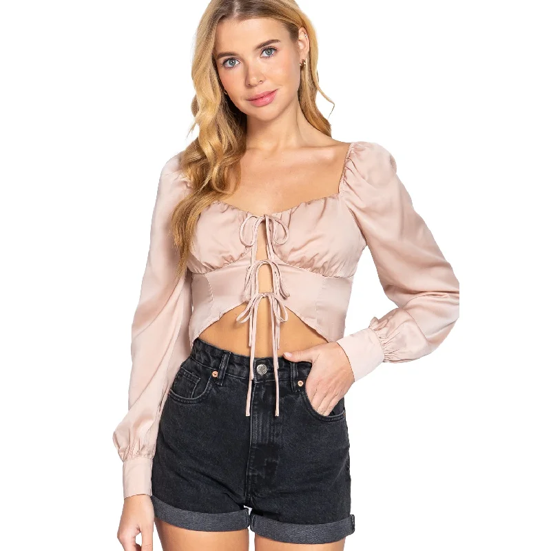 Long Sleeve Sweetheart Neck Front Ribbon Tie Detail Woven Top Hot Trends