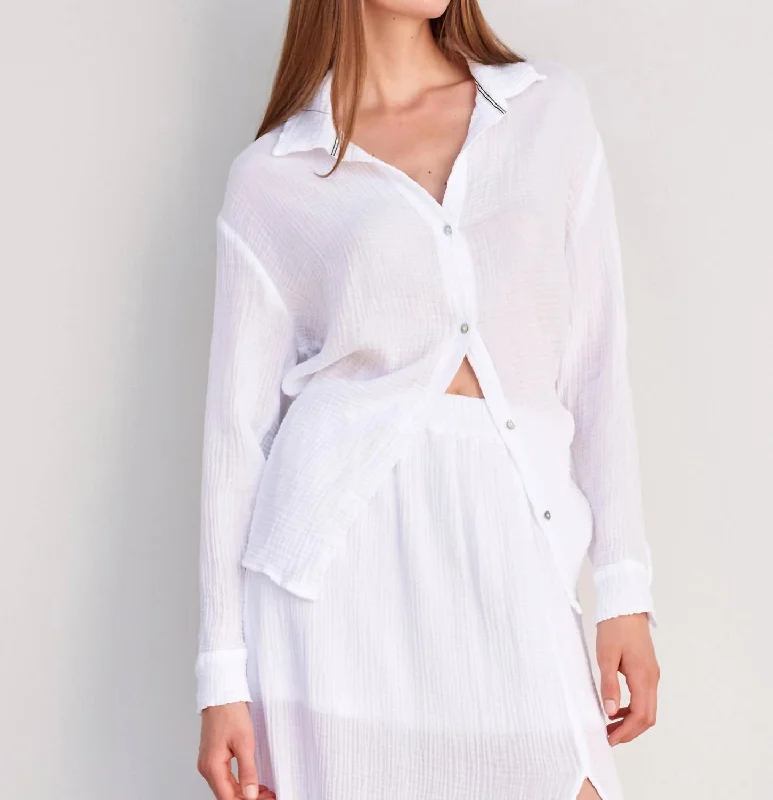 Long Sleeves Button Down Top In White Playful Elegance