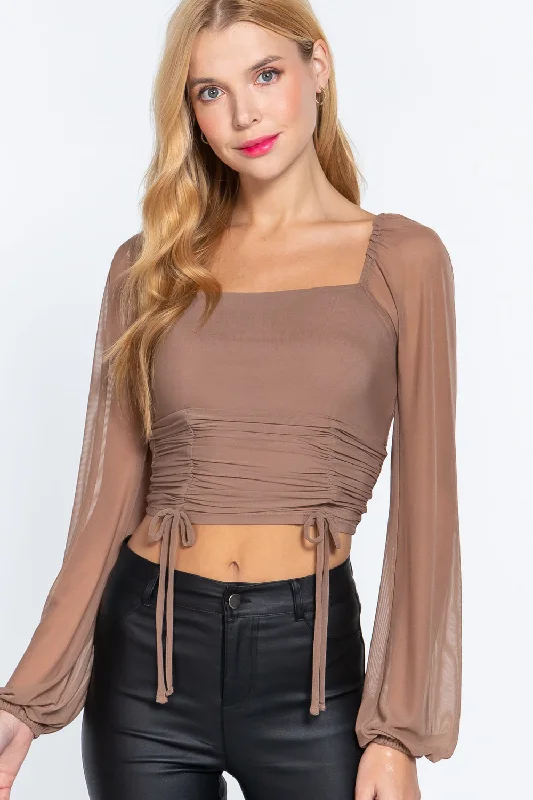 Long Slv Ruched Mesh Knit Top Ends Soon