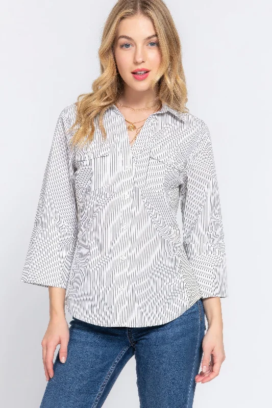 Long Slv Y/d Stripe Woven Shirt Feminine Grace