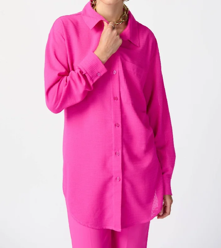 Long Textured Woven High-Low Blouse In Ultra Pink Big Savings On Minimalist Office Styles