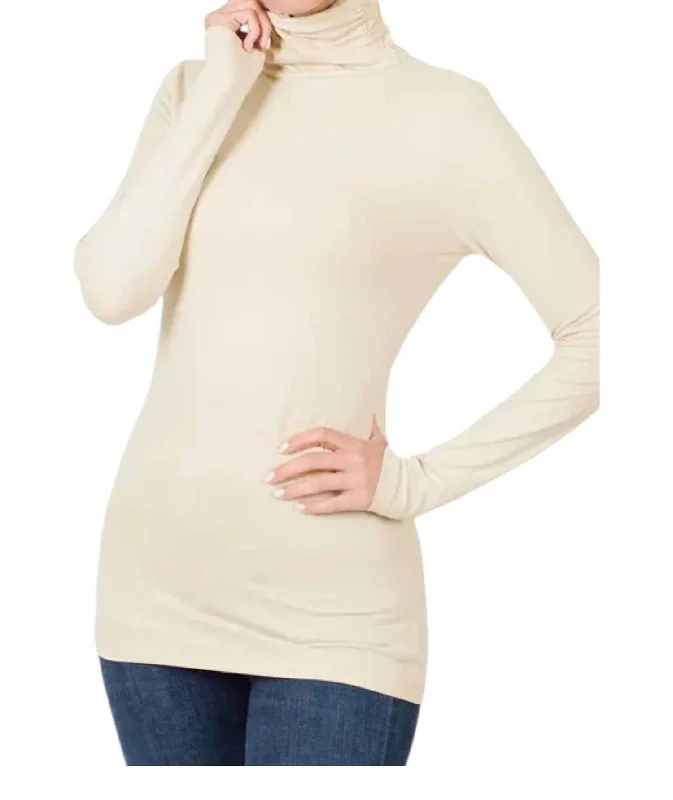 Luxe Rayon Turtleneck Top In Sand Beige Vintage Charm