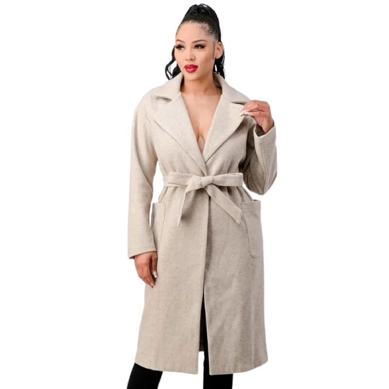 Luxe Wool Waist Tie Side Pockets Midi Length Coat Hollywood Glam Award - Show Style