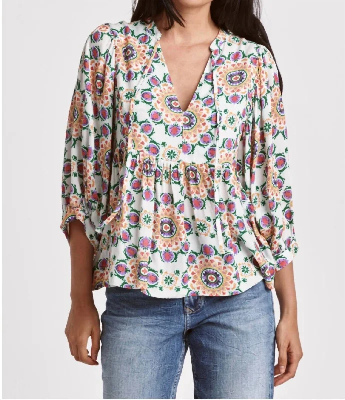 Malia V-Neck Top Blouse In Flower Medallion Wardrobe Refresh