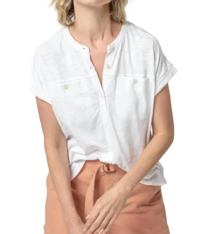 Mandarin Collar Button Down Shirt In White Trendy Street Style