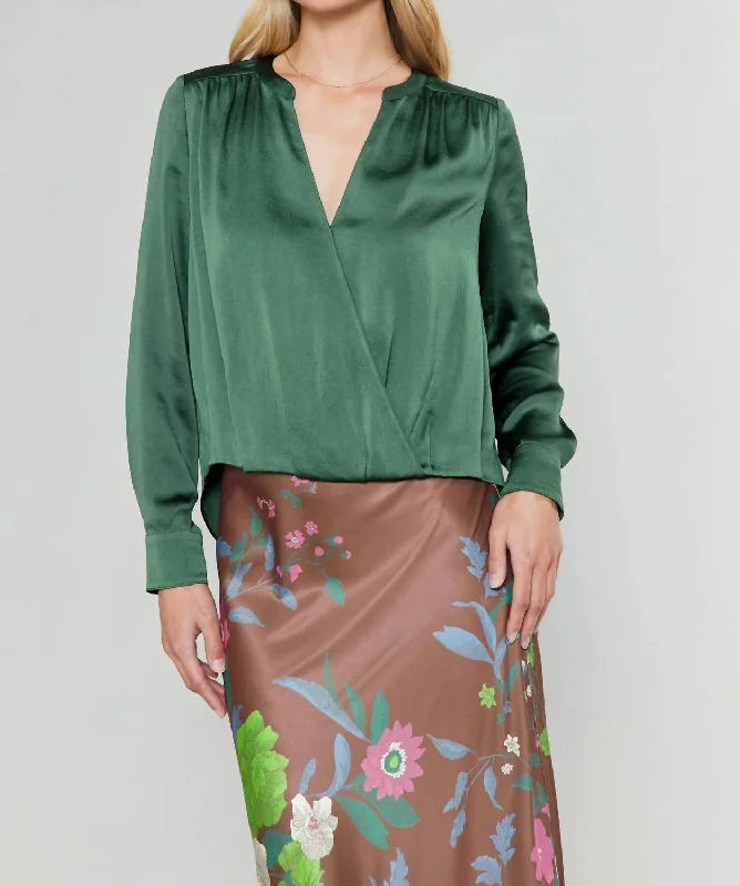 Mandarin Collar Surplice Blouse In Forest Green Comfort First Women's Fashion