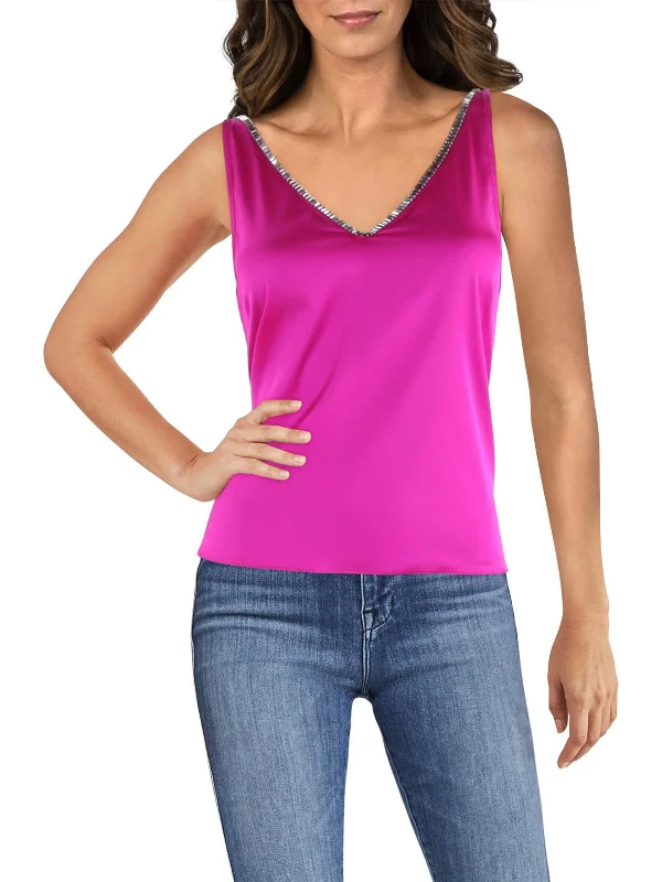 Marian Womens Satin Rhinestone Tank Top Elegant Details