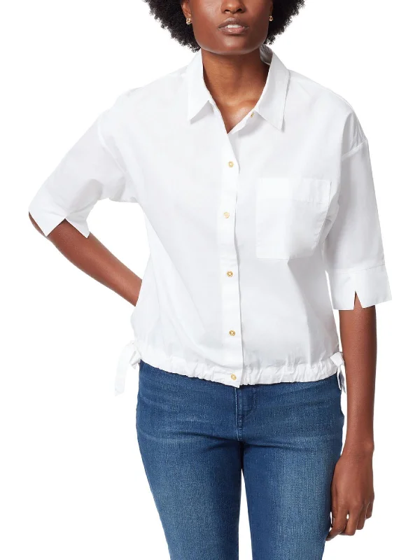 Marleigh Womens Cotton Drawstring Hem Button-Down Top Trendy Street Style