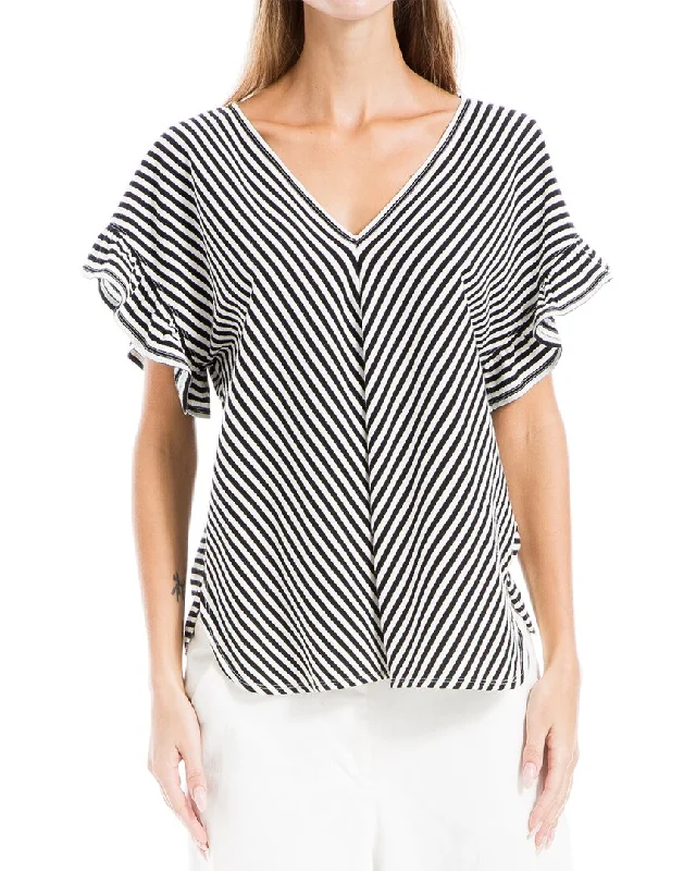 Max Studio Flutter Sleeve V-Neck Stripe Knit Top Enjoy Discount