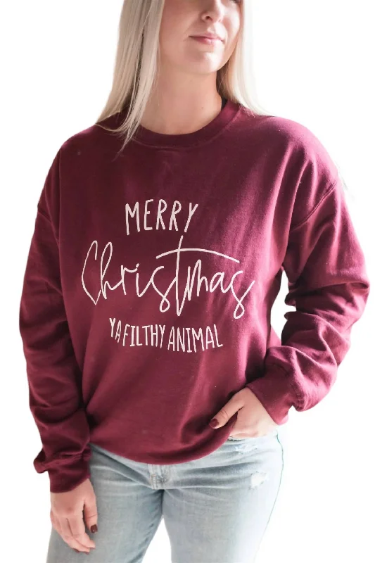 Merry Christmas Ya Filthy Animal Crew Sweatshirt In Burgundy Feminine Flow