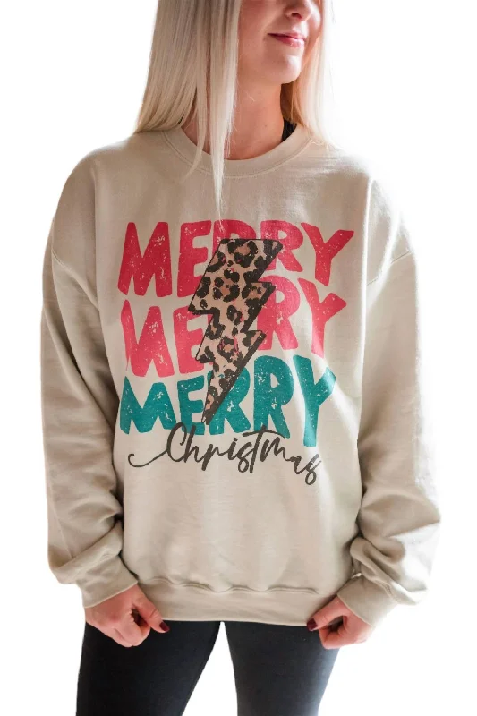 Merry Merry Merry Christmas Sweatshirt In Sand Bold Patterns