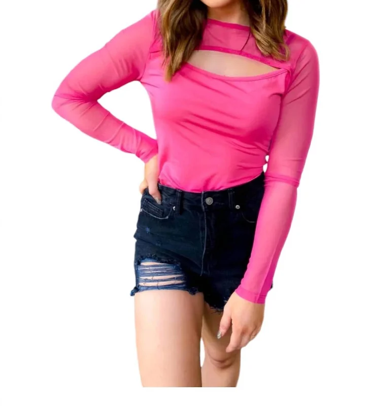 Mesh Peek-A-Boo Bodysuit In Hot Pink Spring Fashion