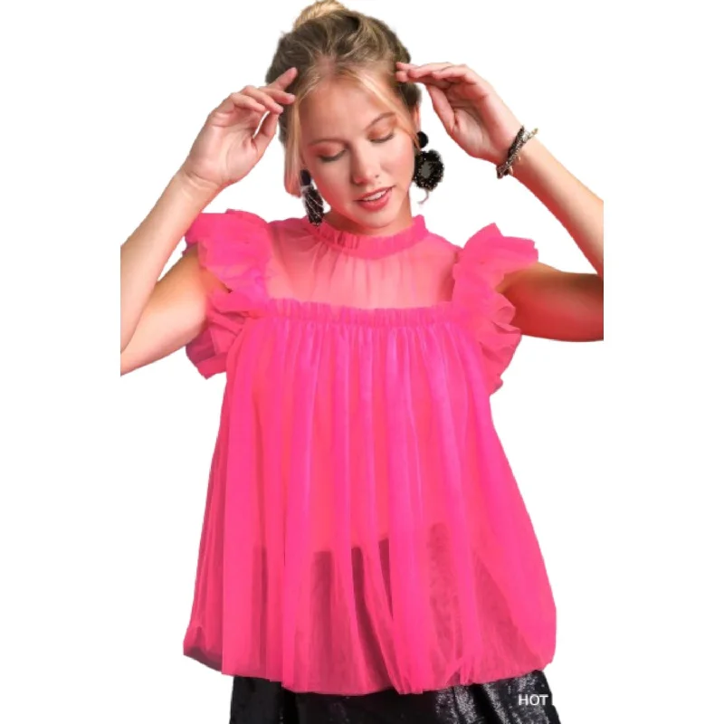 Mesh Ruffle Sleeve & Round Neck Top Stay Ahead In Style