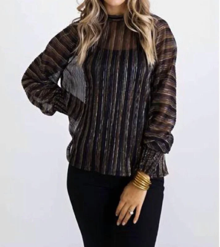 Metallic Stripe Puff Sleeve Top In Black Exclusive Discounts