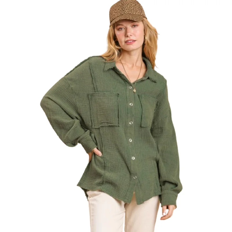 Mineral wash button down top with high low hem Discounts On Casual Weekend Styles