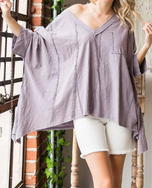 Mineral Washed Oversize V Neck Top In Lavender Minimalist Office - Ready Style