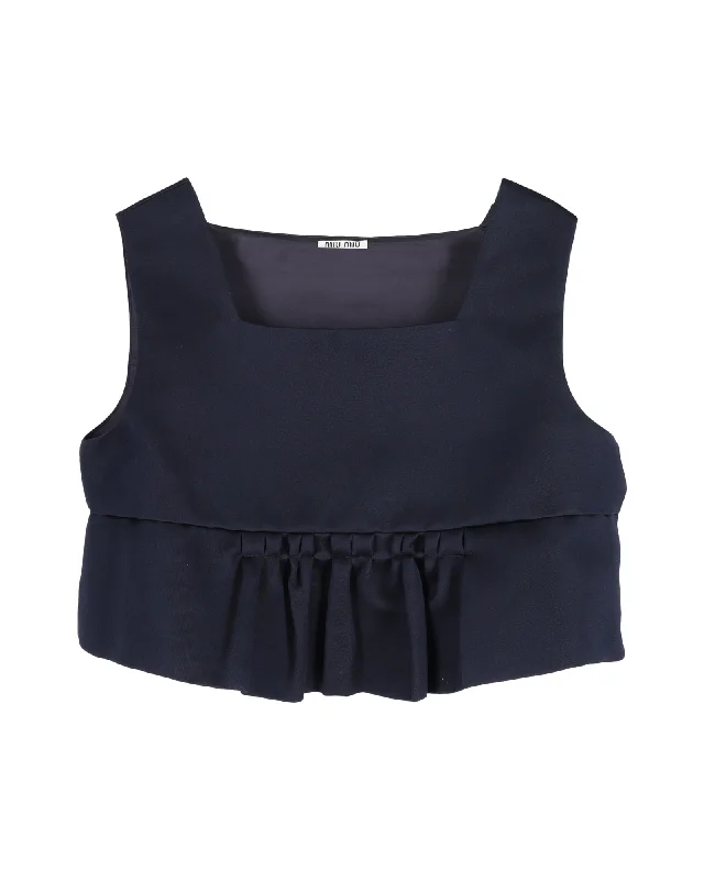 Miu Miu Cropped Duchesse Peplum Top In Navy Blue Silk Trendy Street Style