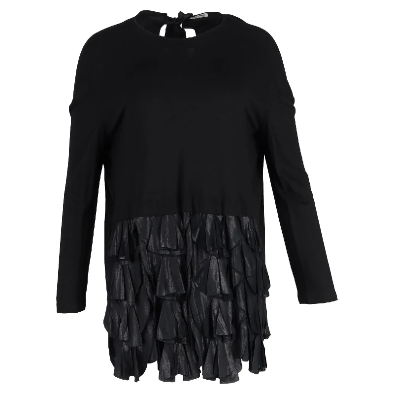 Miu Miu Mini Long-Sleeved With Ruffles Dress in Black Cotton Season Transition Versatile Wear Clearance