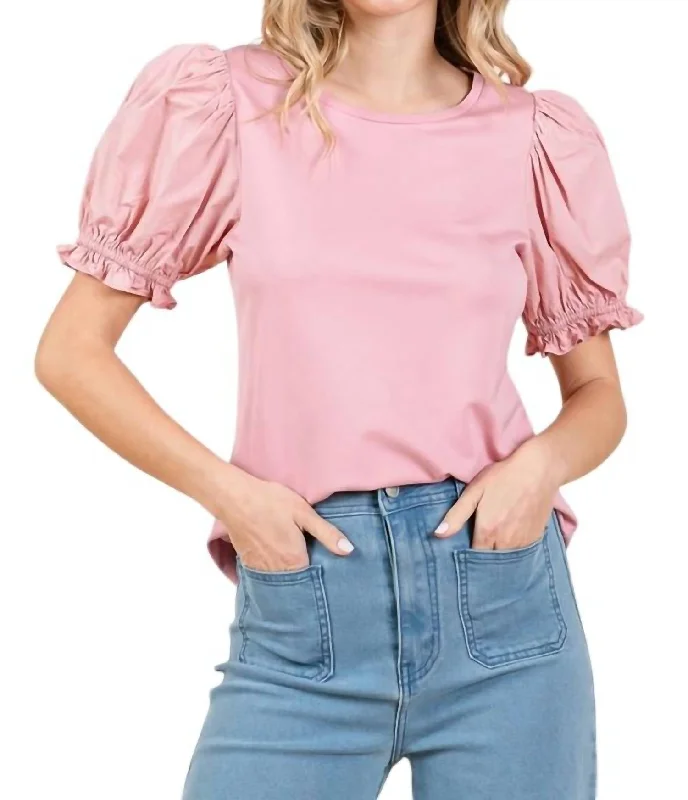 Mix Media Ruffle Knit Top In Pink Seasonal Sale