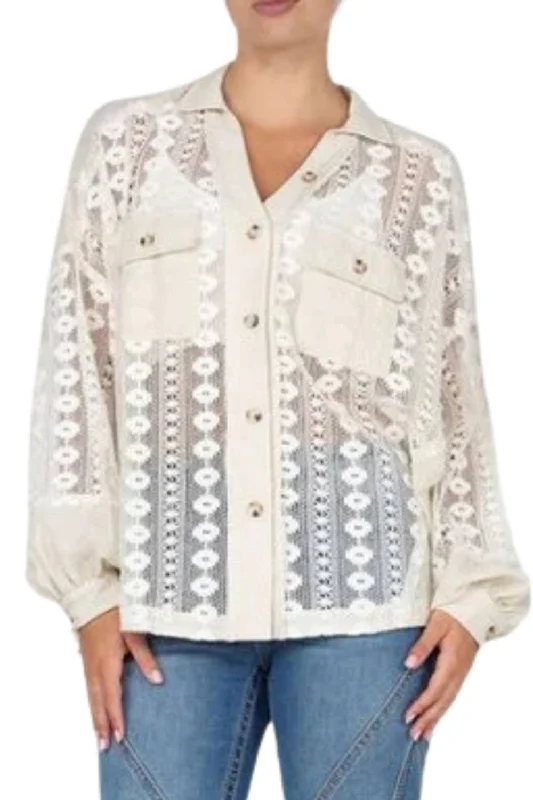 Mixed Media Button Down Blouse In Oatmeal Quality Wear