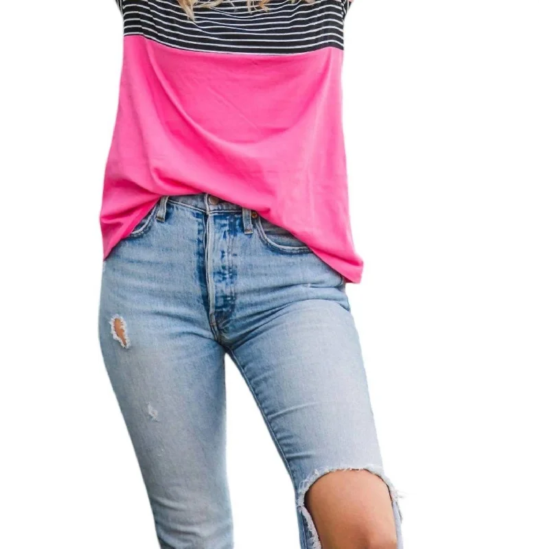 Miya Color Block Top In Peach/black Stripe/pink Chic And Edgy