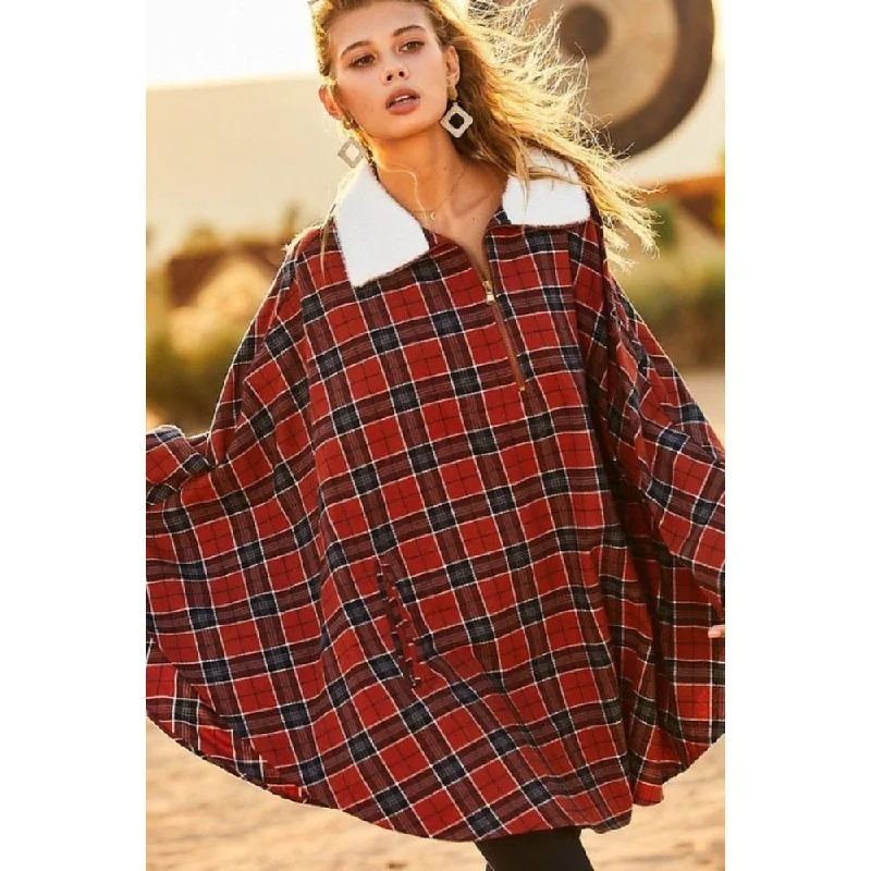 Mock Neck With Zipper Contrast Inside Front Pocket Plaid Poncho Urban Femme Streetwear