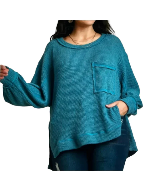 Morgan Waffle Knit Top In Teal Flash Sale