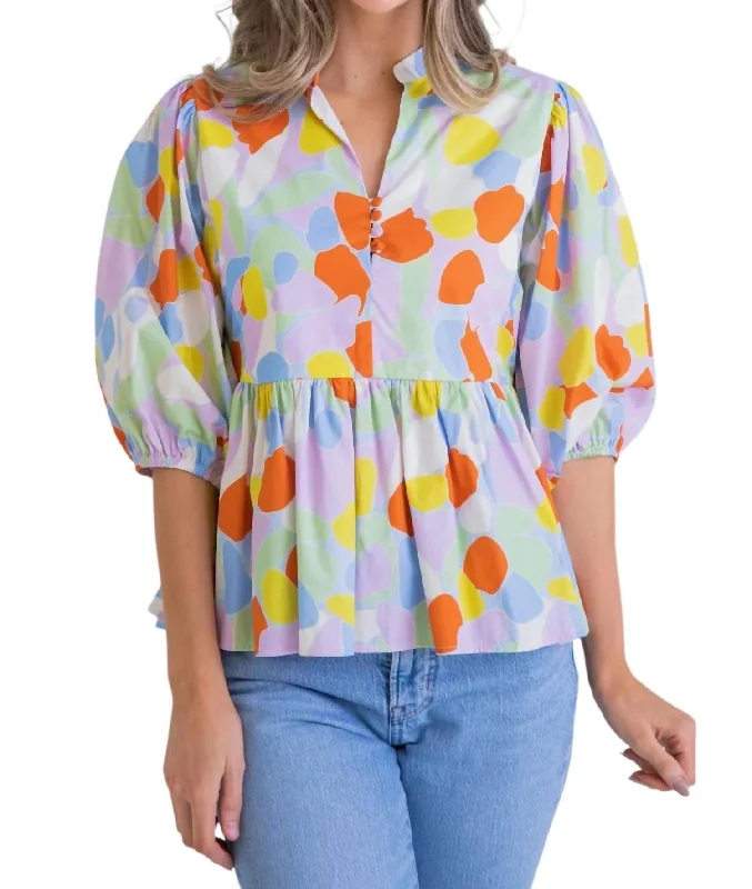 Mosaic Poplin Puff Sleeve Top In Multi Travel Essentials