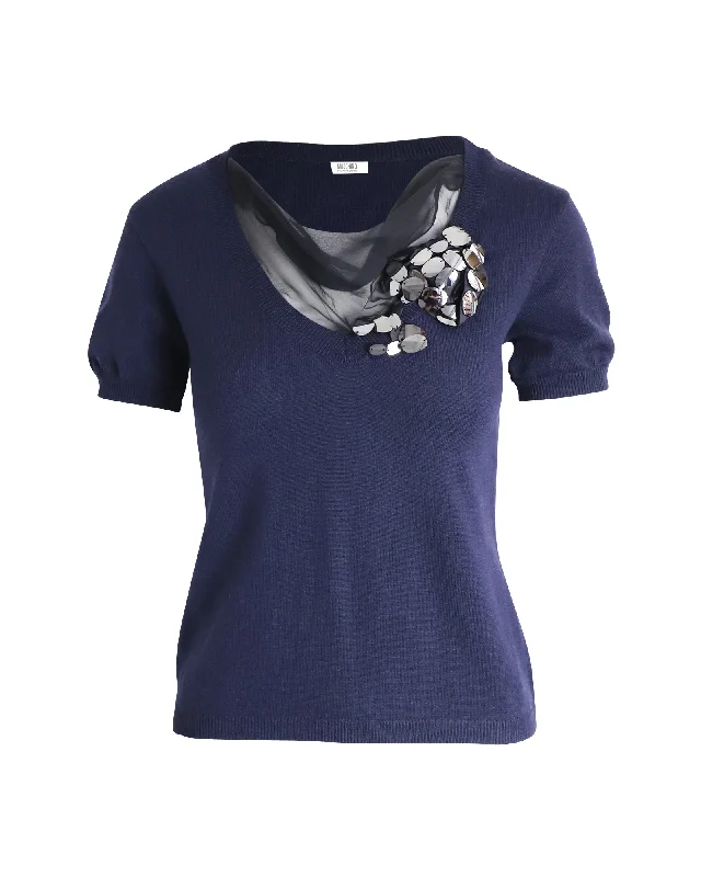 Moschino Embellished Knit Top in Navy Blue Wool Limited Stock