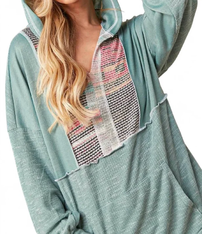 Multi Stripe Detail Hoodie In Seafoam Winter Warm - Up Sale