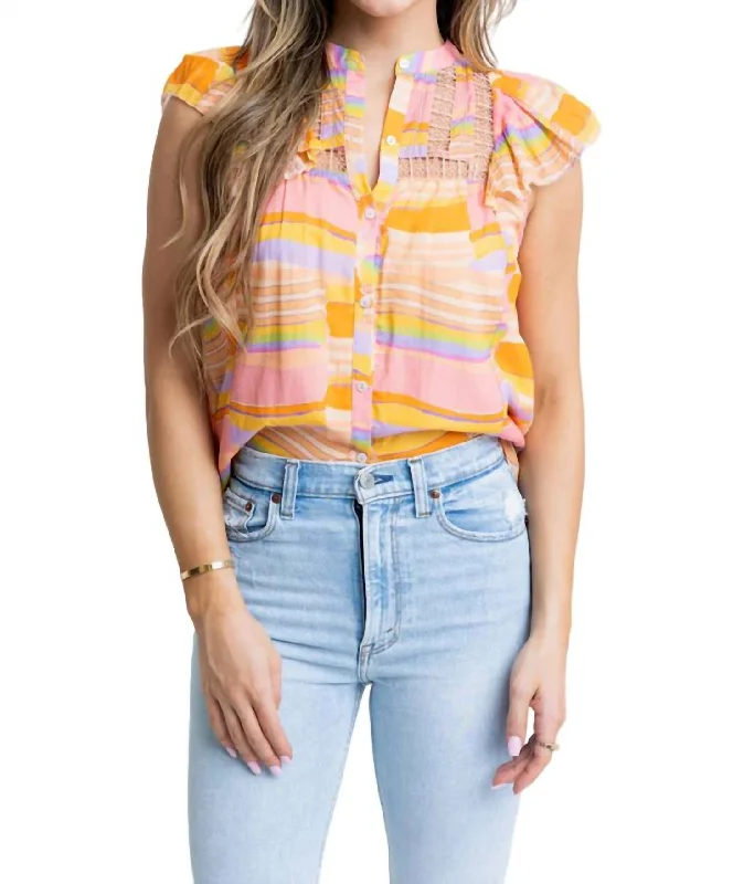 Multi Stripe Vneck Top In Orange Trendy Attire For Her