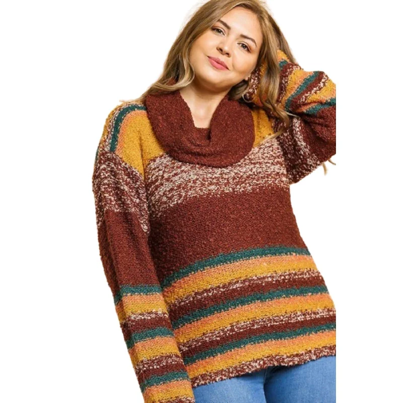 Multicolor Striped Fuzzy Knit Long Sleeve Pullover Tropical Island - Inspired Attire