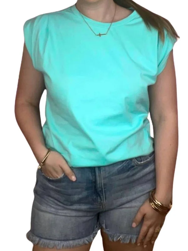 Muscle Sleeve Round Neck Top In Aqua Flash Sale